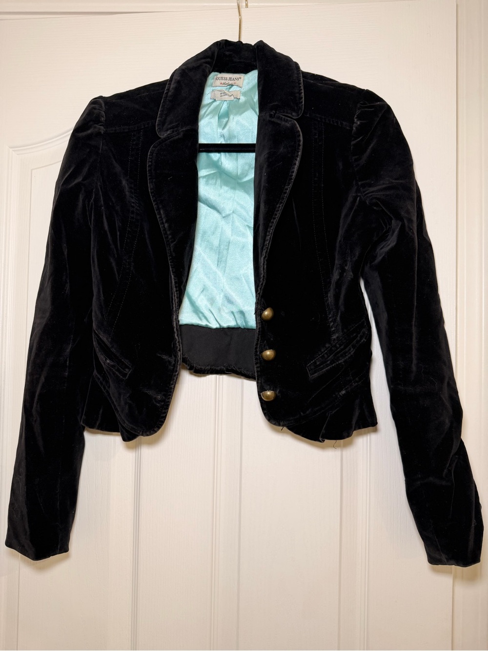 GUESS Jeans Black Velvet Cropped Blazer Jacket Y2K Ruffle